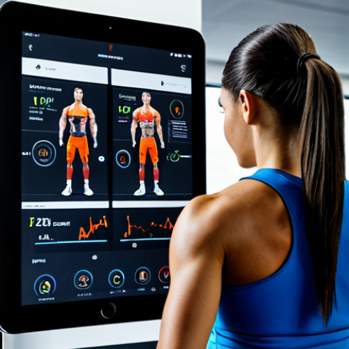 Personalized Training with AI**

"A professional, fully clothed personal trainer using a tablet to analyze data during a training session with a client in a modern gym. The client is also fully clothed in athletic wear. The background includes advanced fitness equipment and displays showing real-time workout metrics. Safe for work, appropriate content, perfect anatomy, natural pose, professional setting, modest athletic wear."

**