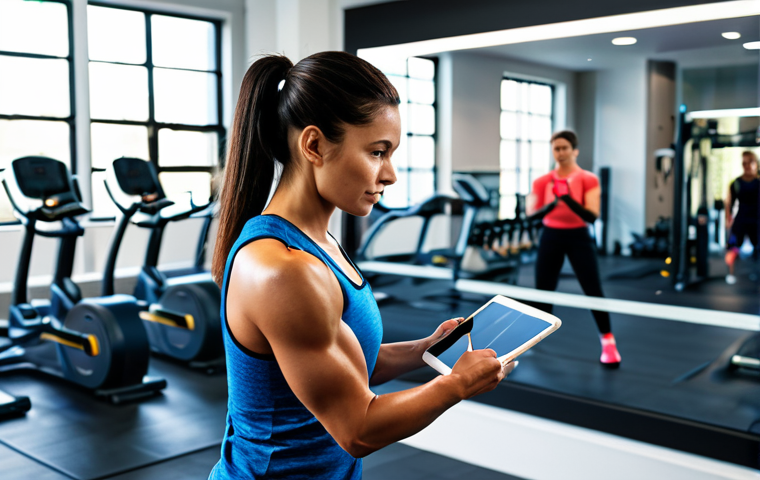 **Prompt:** A determined fitness entrepreneur in professional athletic wear, reviewing AI-generated workout plans on a tablet in a brightly lit, modern gym. Background features diverse, fully clothed clients exercising. Perfect anatomy, well-formed hands, correct proportions, natural pose. Safe for work, appropriate content, fully clothed, professional, family-friendly.