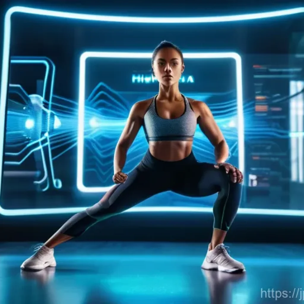 피트니스 경영사 최신 트렌드 분석 - A futuristic, clean gym interior bathed in soft, bright light. In the center, a physically fit, dive...