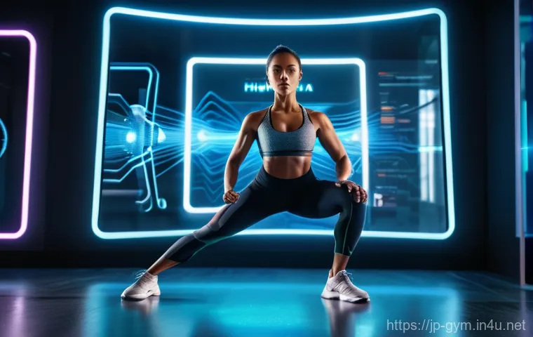 피트니스 경영사 최신 트렌드 분석 - A futuristic, clean gym interior bathed in soft, bright light. In the center, a physically fit, dive...