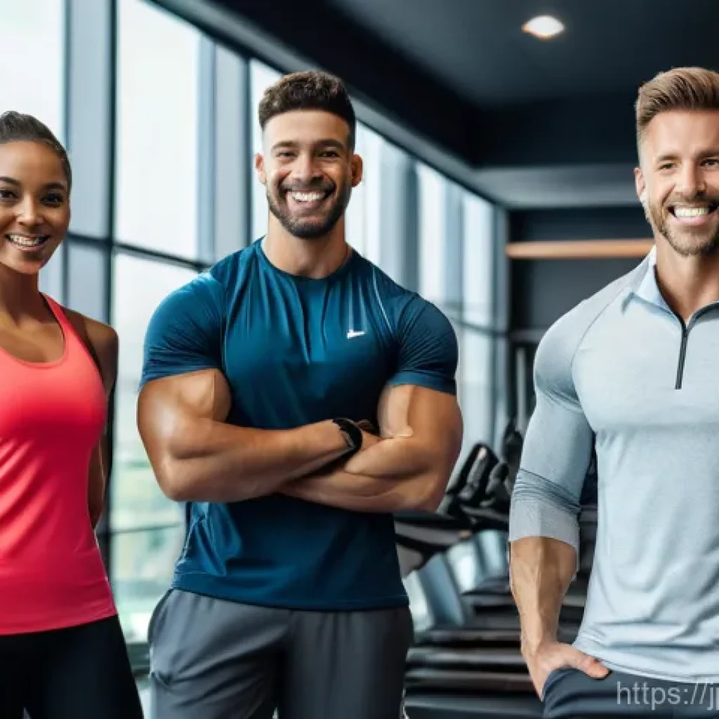 피트니스 경영사 성공적인 팀 관리 방법 - **Prompt:** A diverse group of 3-4 professional fitness trainers and a gym manager (all in clean, mo...