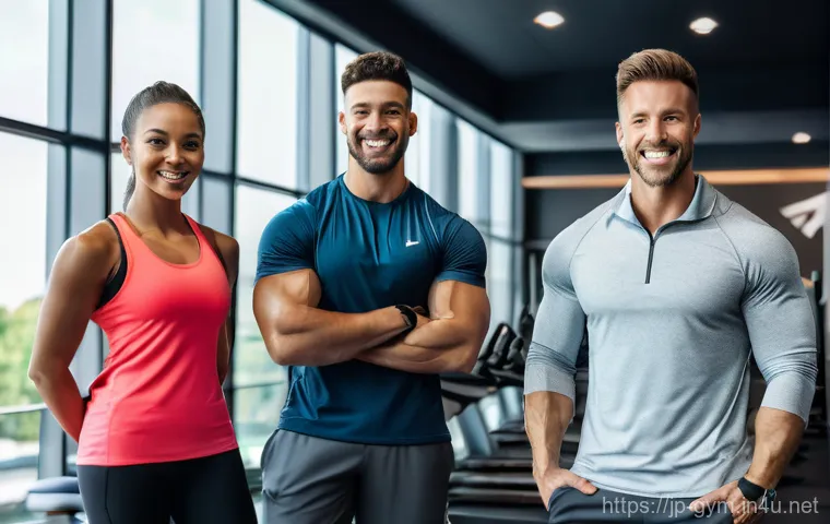 피트니스 경영사 성공적인 팀 관리 방법 - **Prompt:** A diverse group of 3-4 professional fitness trainers and a gym manager (all in clean, mo...