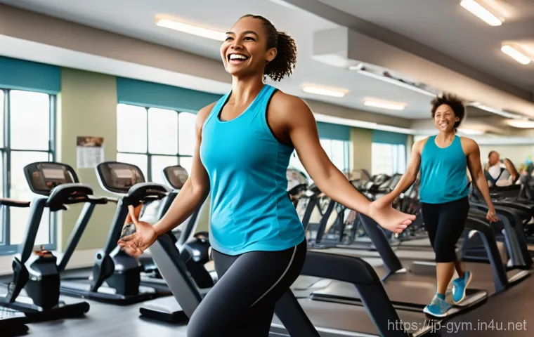 피트니스 경영사 성공적인 팀 관리 방법 - **Prompt:** In a sleek, technologically advanced fitness gym, a female gym staff member (wearing a m...