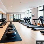 피트니스 경영사로 성장하기 위한 커리어 패스 - A modern Japanese fitness studio interior with a cozy, community-focused atmosphere, featuring diver...