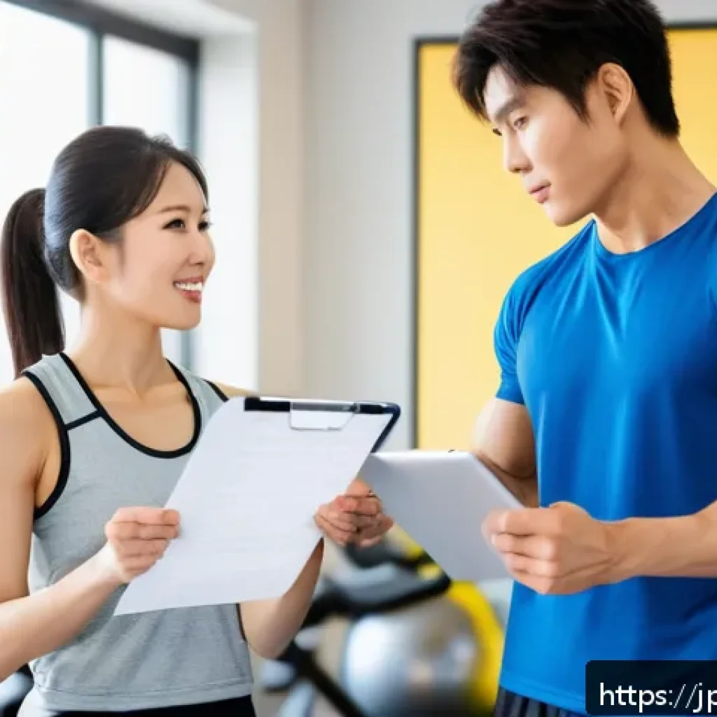 피트니스 경영사로서 클라이언트 관리법 - A modern Japanese fitness counseling scene in a bright, clean gym setting: a professional female tra...