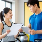 피트니스 경영사로서 클라이언트 관리법 - A modern Japanese fitness counseling scene in a bright, clean gym setting: a professional female tra...