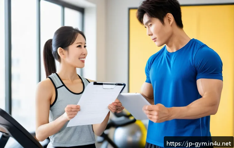 피트니스 경영사로서 클라이언트 관리법 - A modern Japanese fitness counseling scene in a bright, clean gym setting: a professional female tra...
