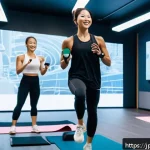 피트니스 경영사와 스포츠 마케팅 - A modern fitness studio with a diverse group of Japanese adults participating in a live online class...