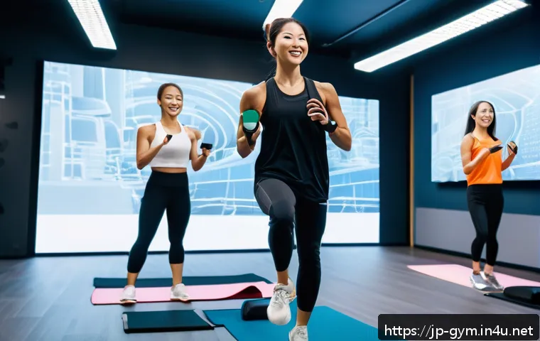 피트니스 경영사와 스포츠 마케팅 - A modern fitness studio with a diverse group of Japanese adults participating in a live online class...