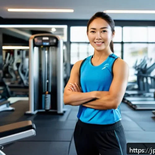 피트니스 경영사 연봉 평균과 변화 - A professional Japanese fitness manager standing confidently inside a modern gym facility, surrounde...