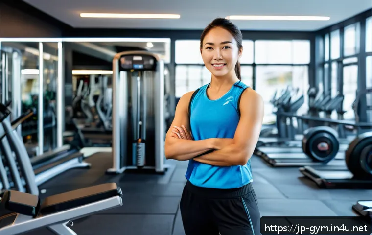 피트니스 경영사 연봉 평균과 변화 - A professional Japanese fitness manager standing confidently inside a modern gym facility, surrounde...