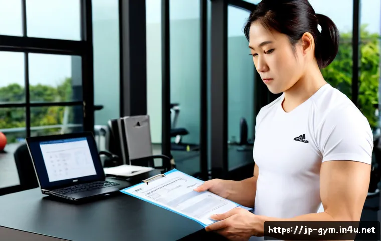 피트니스 경영사 관련 국가 자격 요건 - Photorealistic Japanese fitness management professional reviewing blank certification documents besi...