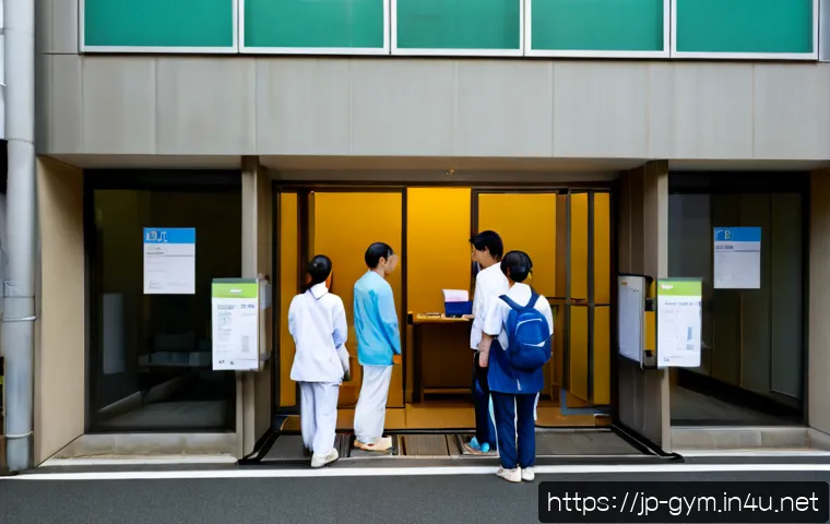 피트니스 경영사 자격증 시험 장소 안내 - Photorealistic modern Japanese examination center exterior in early morning, clear entrance with an ...